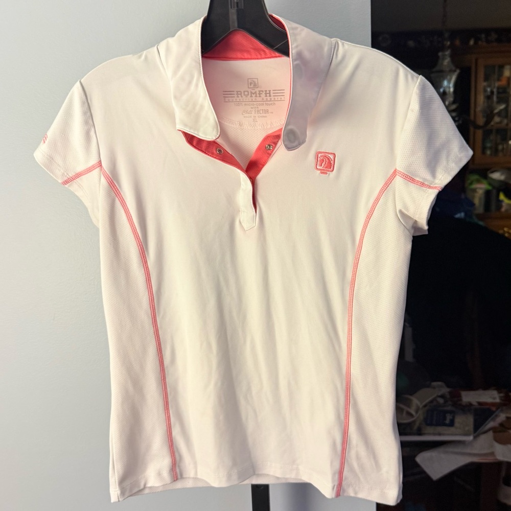 ROMFH Equestrian Apparel White and Pink Polo Shot Sleeve Shirt, size XL